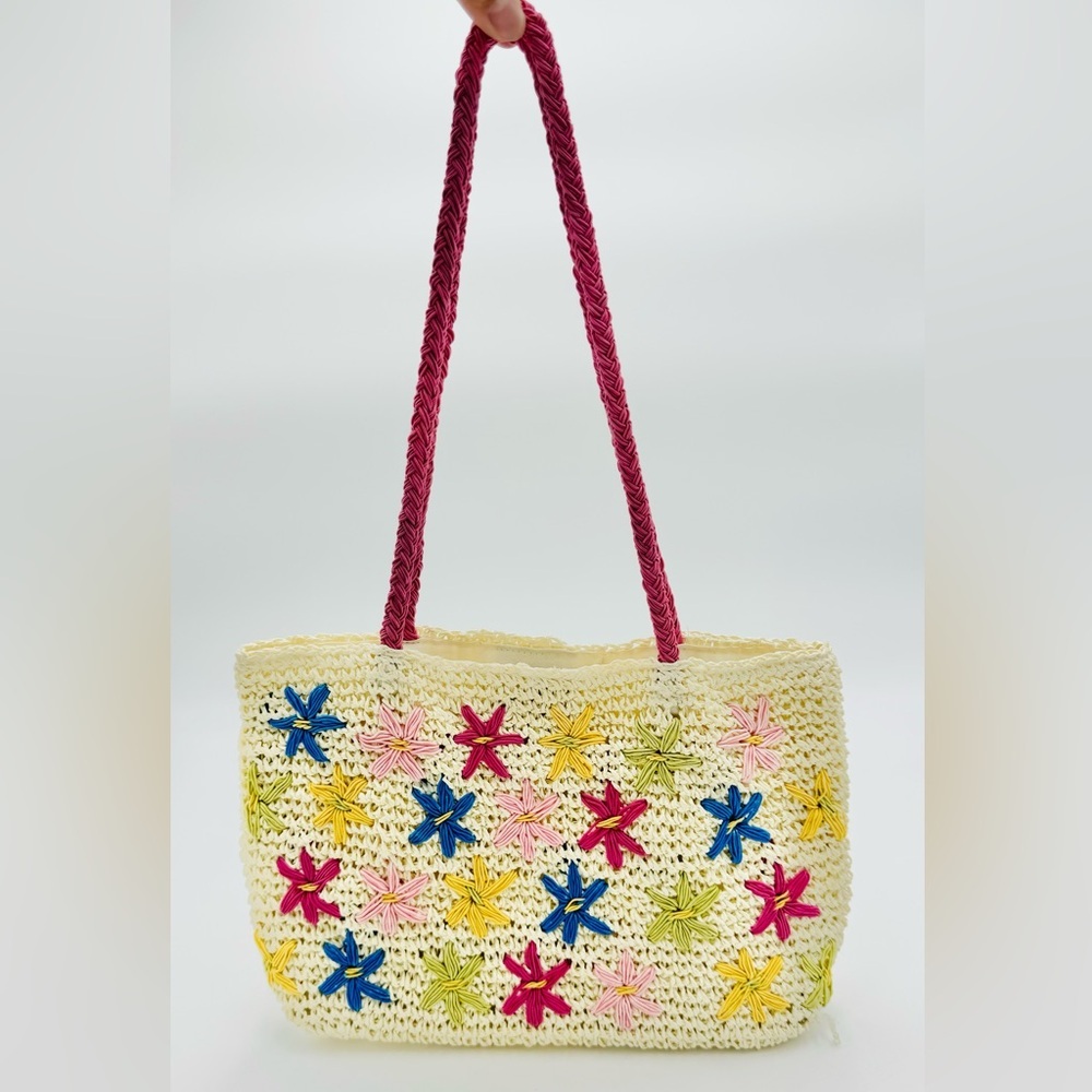 Rampage Y2K Woven Straw Embroidered Floral Mini Tote Shoulder Bag